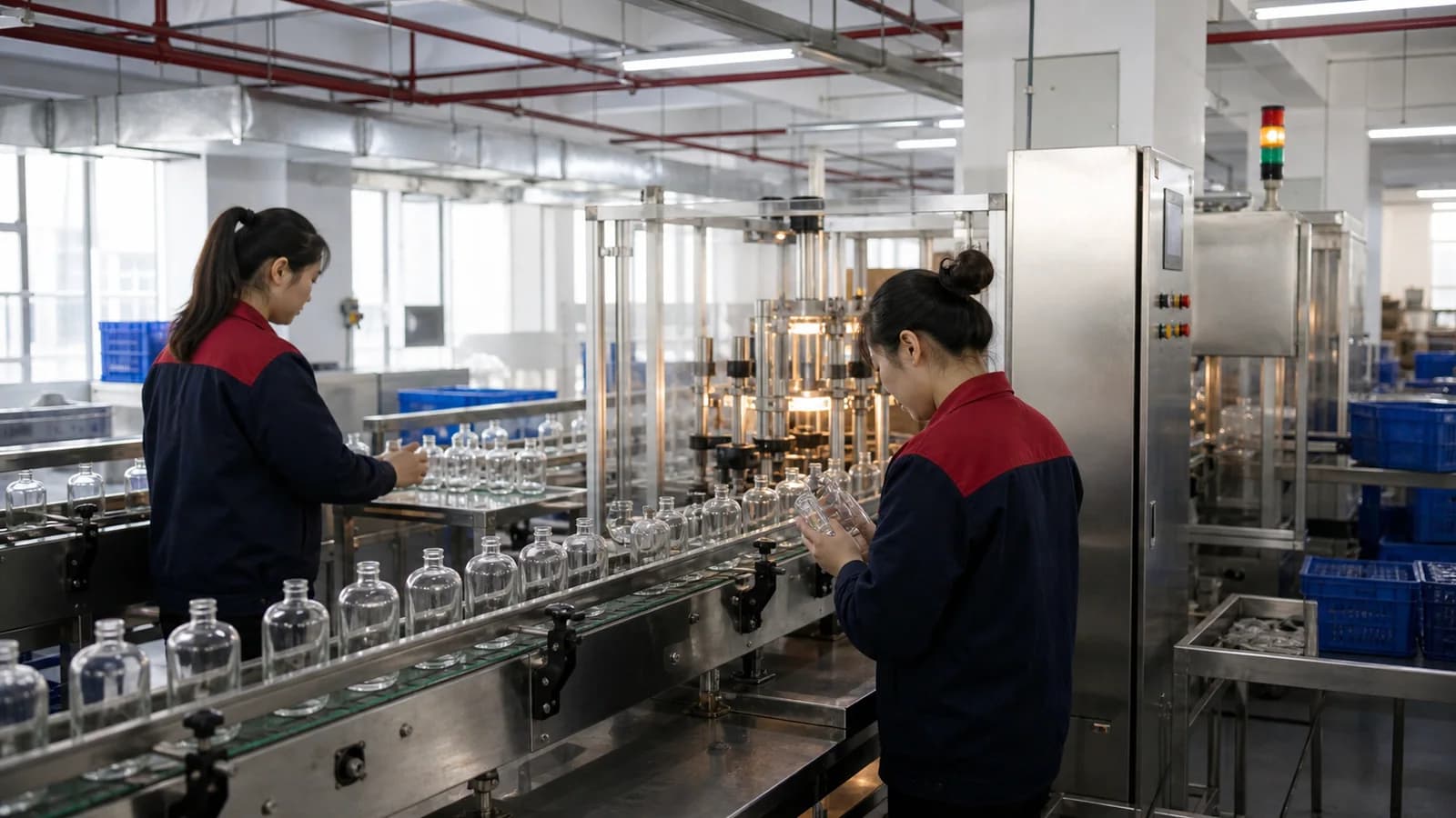 Línea de producción de frascos de perfume en funcionamiento