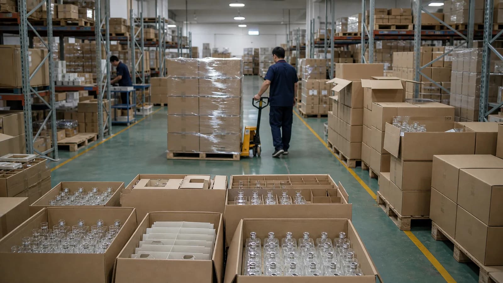 Stock perfume bottles in the warehouse